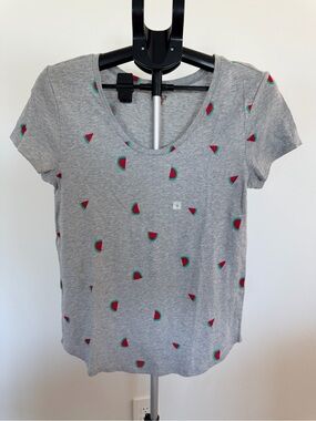 LOFT Gray Scoop Neck Tee with Watermelon Print